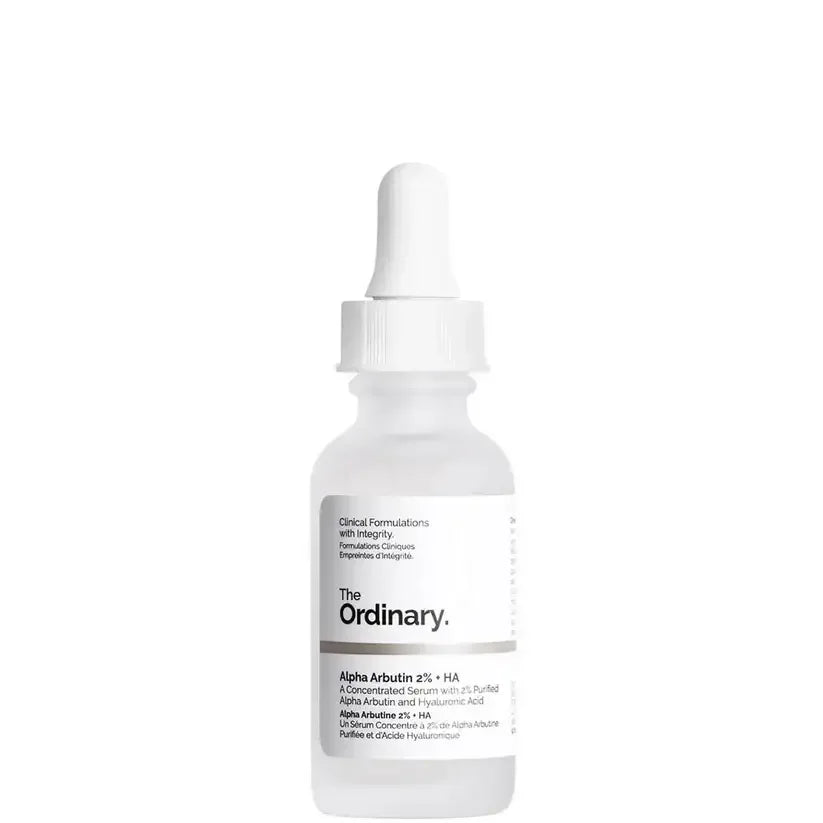 The Ordinary Alpha Arbutin 2% + HA serum clear dropper bottle for skincare