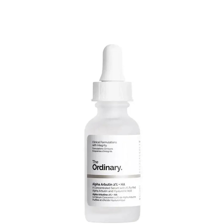 The Ordinary Alpha Arbutin 2% + HA serum clear dropper bottle for skincare