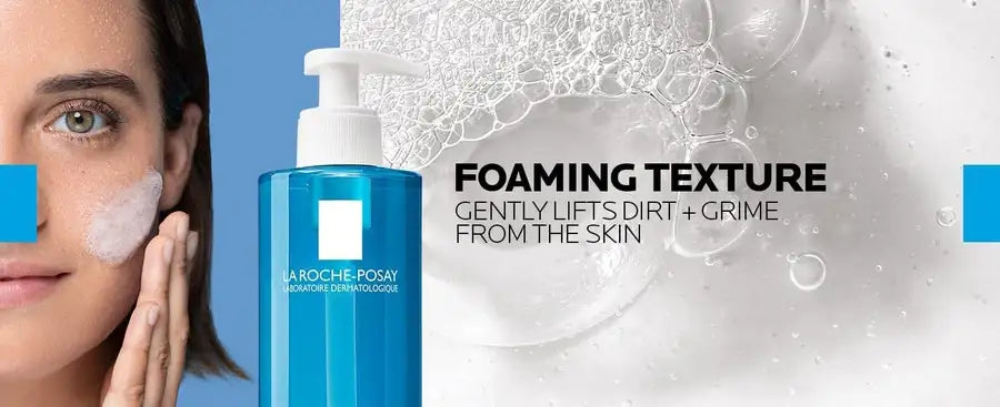 La Roche-Posay foaming cleanser bottle, woman applying foam, close-up of cleansing bubbles