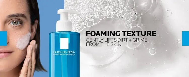 La Roche-Posay foaming cleanser on woman's face, close-up, with bubbles and product bottle.