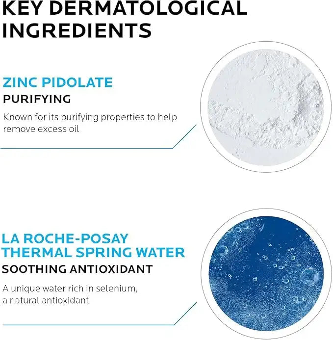 Key dermatological skincare ingredients including zinc pidolate and thermal spring water with purifying and antioxidant benefits.