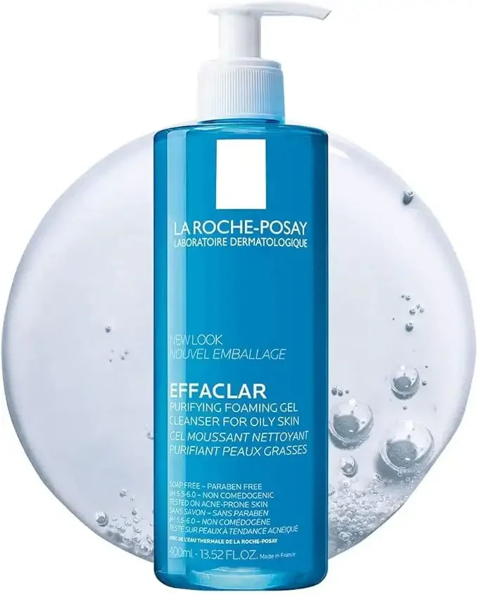 La Roche-Posay Effaclar foaming gel cleanser for oily skin with bubbles background
