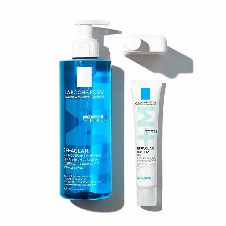 Effaclar Purifying Foaming Gel and Effaclar Duo+M skincare set for oily or acne-prone skin.