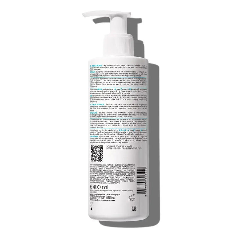 Back of skincare pump bottle with instructions and ingredients for sensitive dry skin, 400ml