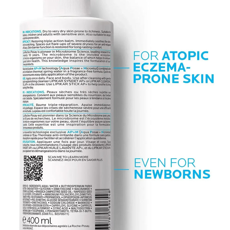 Body lotion with label showing skincare benefits for atopic eczema-prone and newborn skin