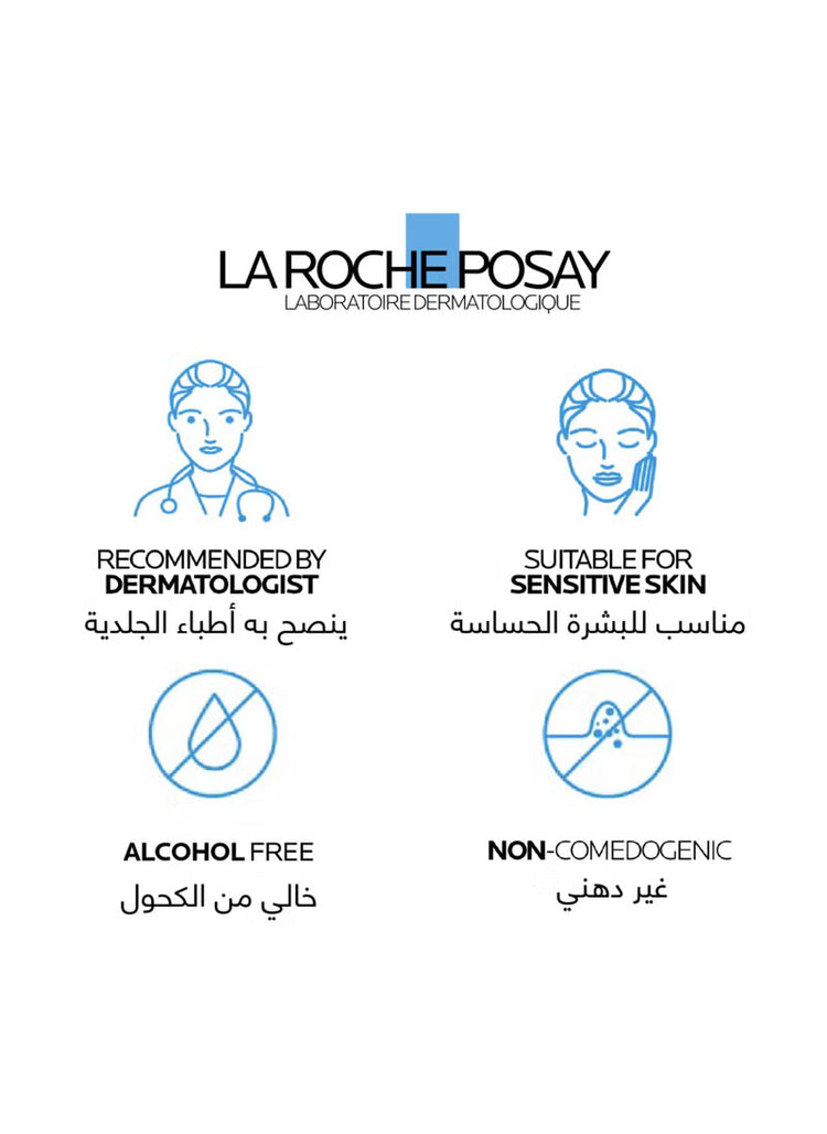La Roche-Posay icons highlight dermatologist recommended, alcohol free, suitable for sensitive skin, non-comedogenic skincare