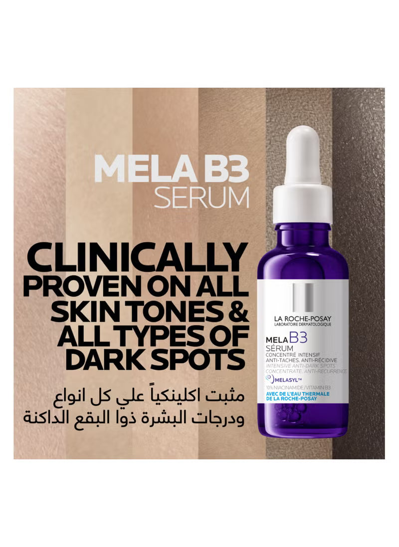 Mela B3 serum bottle with dropper, text highlights clinical results for all skin tones and dark spots.