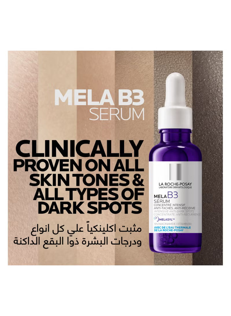 Mela B3 serum bottle with dropper, text highlights clinical results for all skin tones and dark spots.