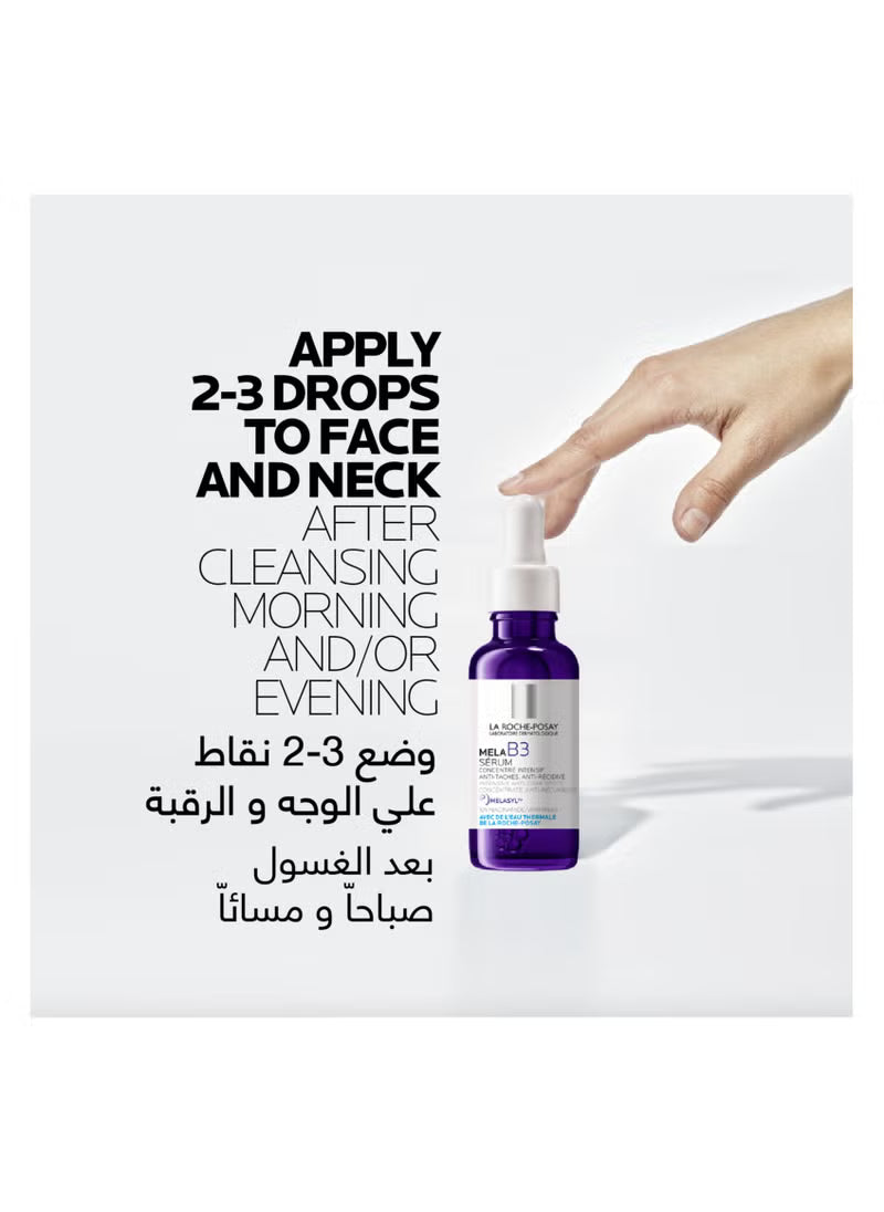 Hand reaching for a La Roche-Posay Mela B3 serum bottle with skincare usage instructions in English and Arabic.