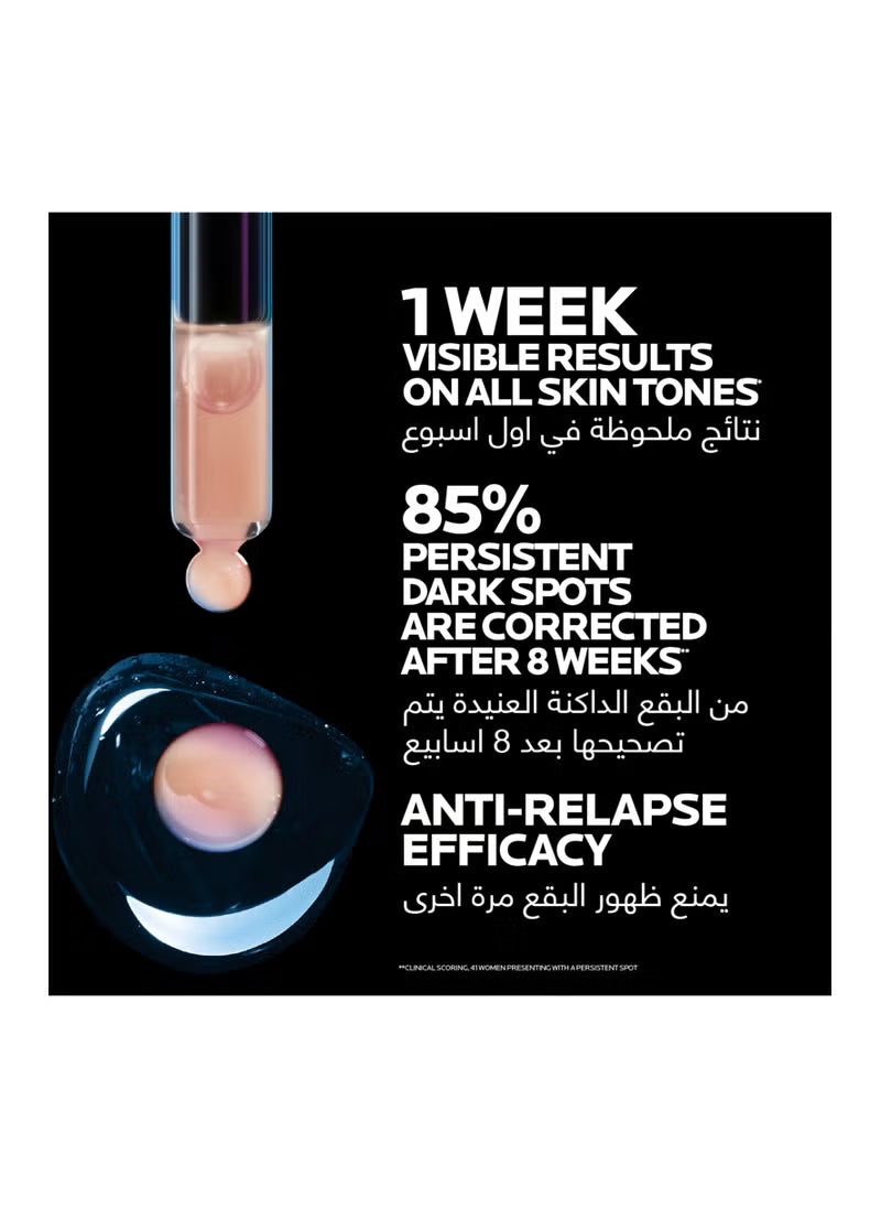 Skincare serum dropper with product claims for dark spot correction, anti-relapse, all skin tones.