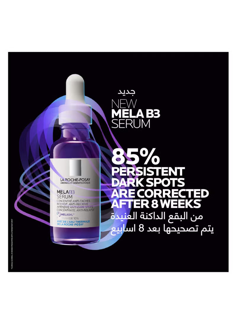 La Roche-Posay Mela B3 Serum bottle with text about dark spot correction on black background