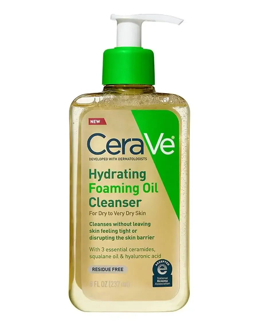 CeraVe Hydrating Foaming Oil Cleanser bottle for dry skin with green pump, 237ml