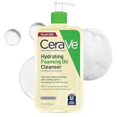 CeraVe Hydrating Foaming Oil Cleanser pump bottle for dry skin with bubbles in background