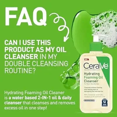 CeraVe Hydrating Foaming Oil Cleanser bottle with text about double cleansing routine and benefits.