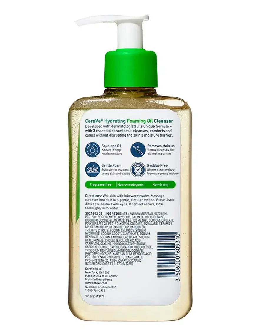 Back of CeraVe Hydrating Foaming Oil Cleanser bottle with directions and ingredients, green pump