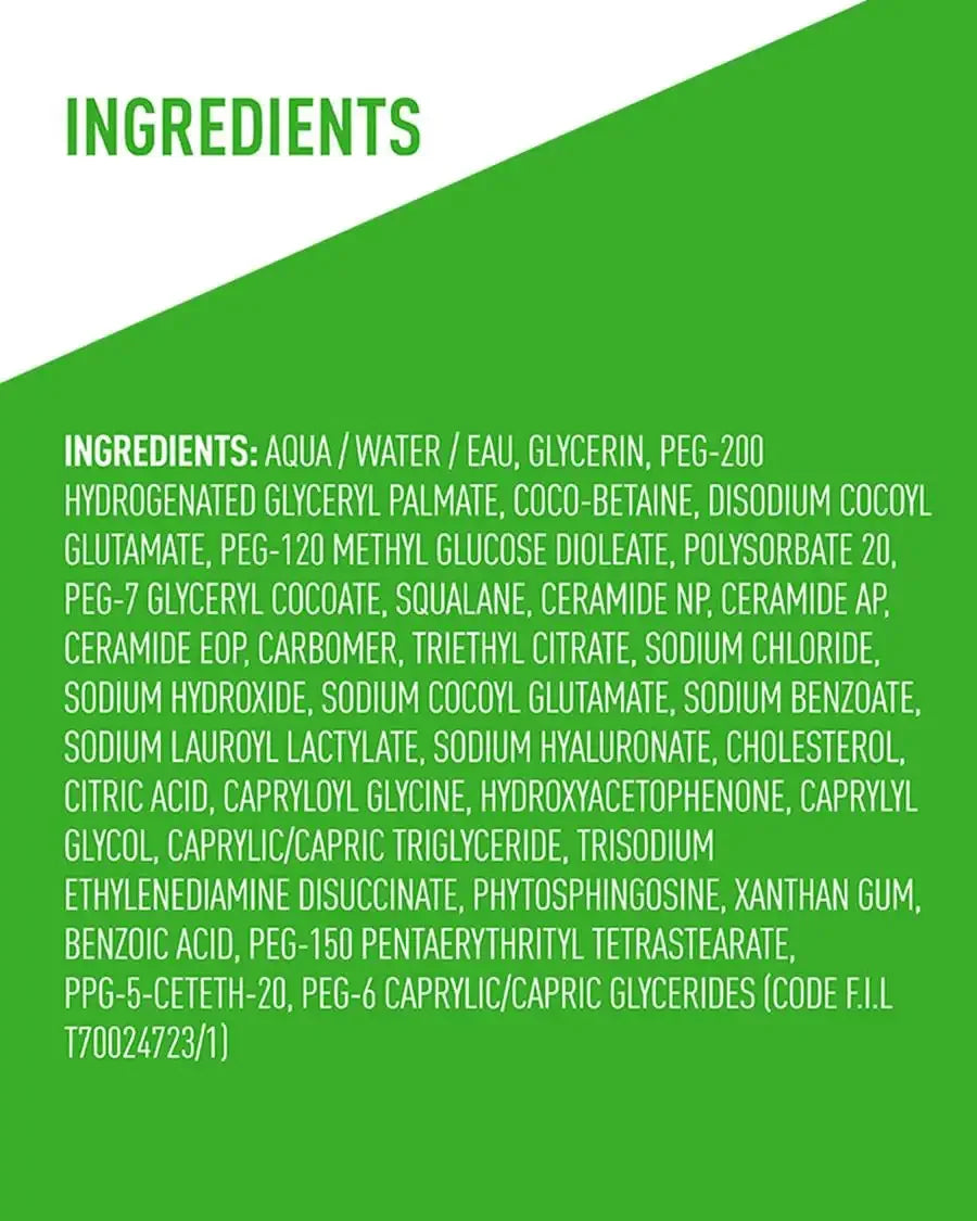 Skincare product ingredients list with ceramides, hyaluronic acid, glycerin, and squalane on green background.