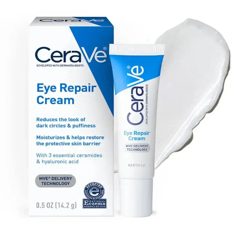 CeraVe Eye Repair Cream tube and box with cream smear, for dark circles and puffiness care