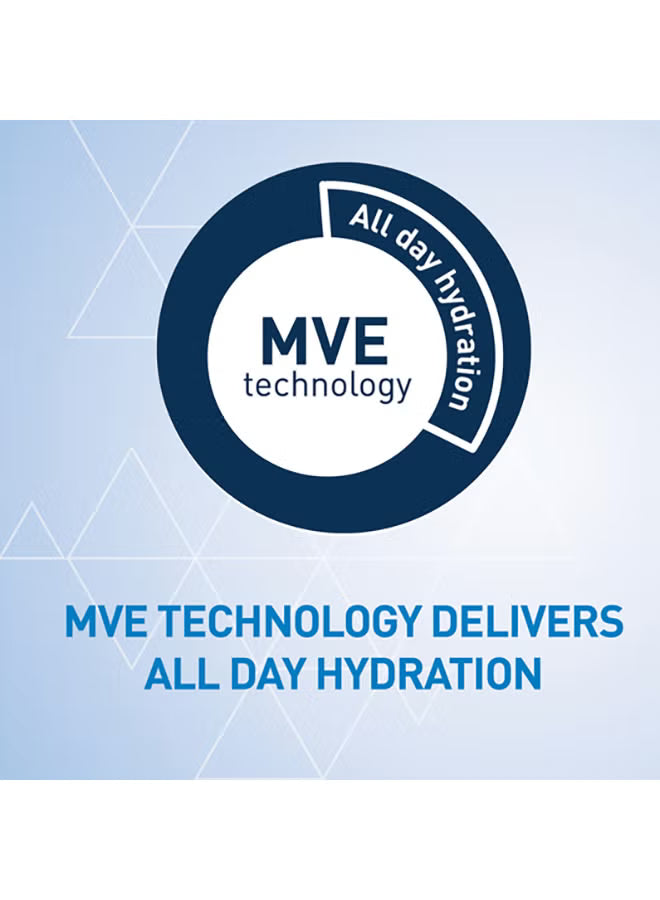 MVE technology logo with text stating all day hydration on a blue geometric background.