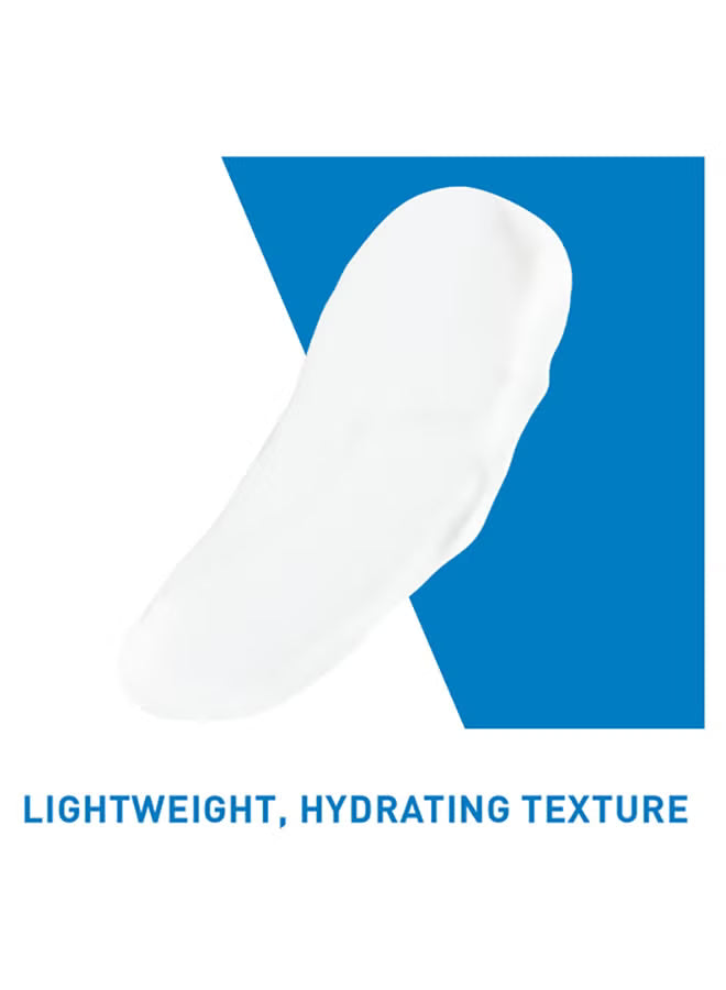 Swatch of lightweight hydrating cream texture on white background with blue graphic