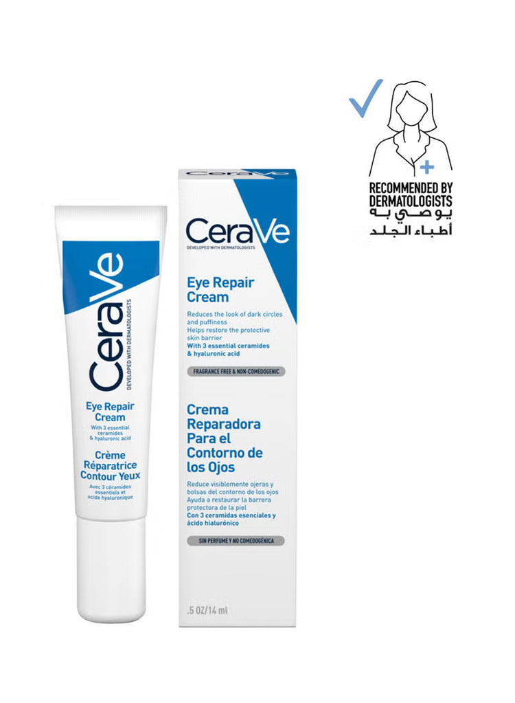 CeraVe Eye Repair Cream and box for dark circles and puffiness, recommended by dermatologists