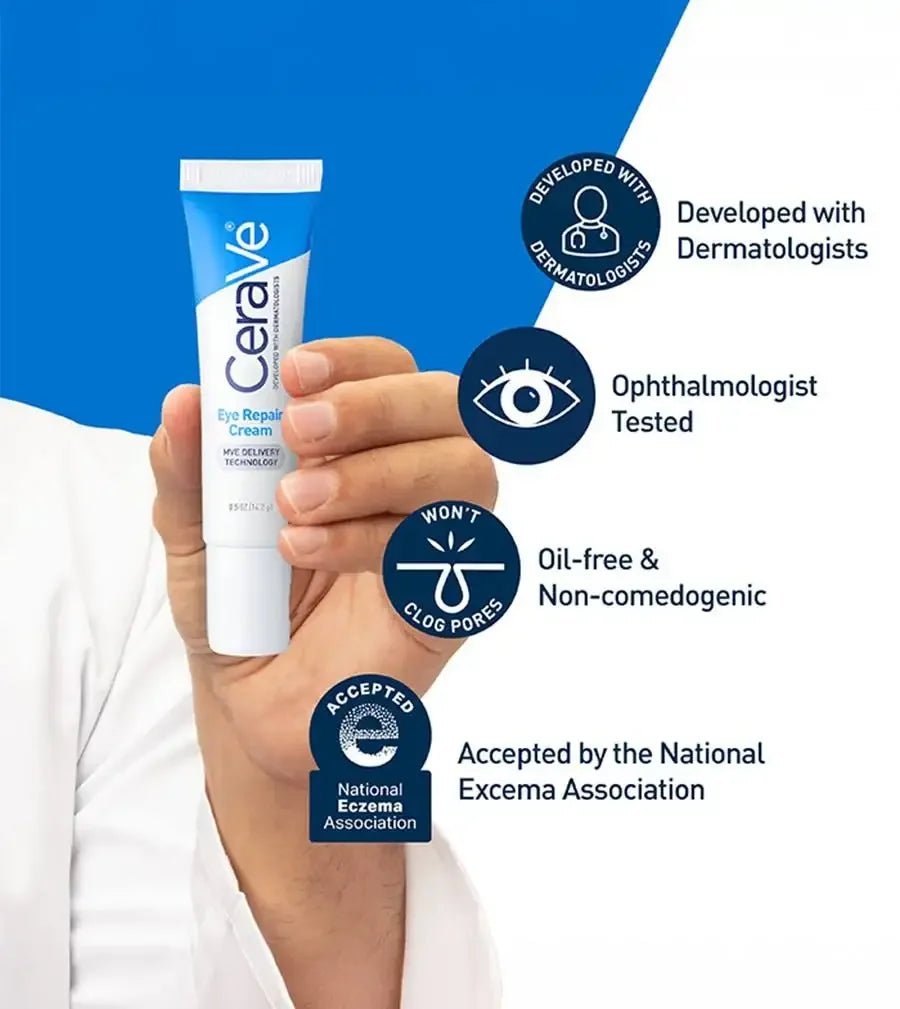 Hand holding CeraVe Eye Repair Cream tube with product benefits and certification icons