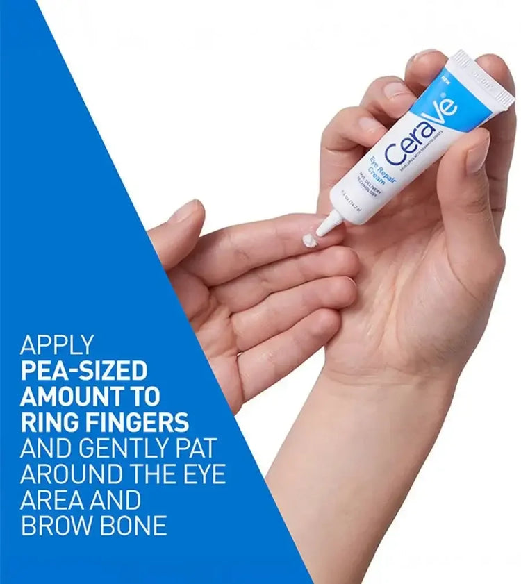 Hand holding CeraVe eye repair cream tube, applying pea-sized amount to finger