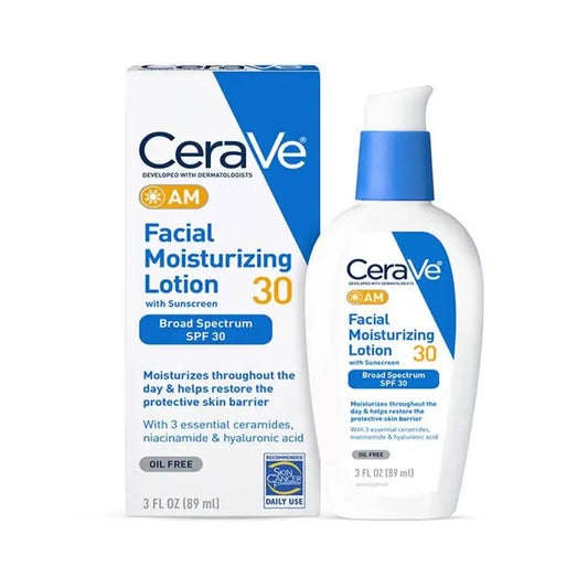 CeraVe facial moisturizing lotion with SPF 30 and packaging on a white background