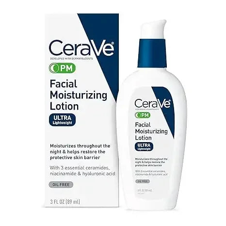 CeraVe PM Facial Moisturizing Lotion bottle and box with skincare ingredients highlighted