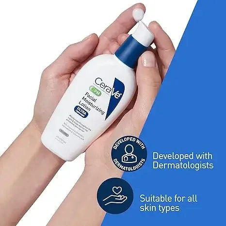 Hands holding CeraVe facial moisturizing lotion for dry skin, suitable for all skin types