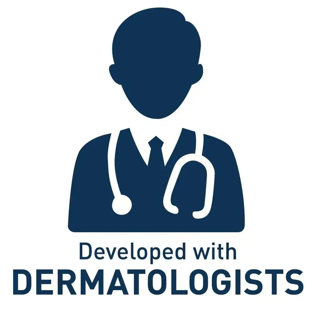 Silhouette of doctor with stethoscope and text developed with dermatologists