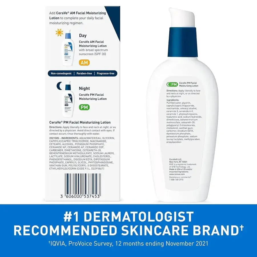 CeraVe PM Facial Moisturizing Lotion bottle and box with ingredients and usage details, dermatologist recommended.