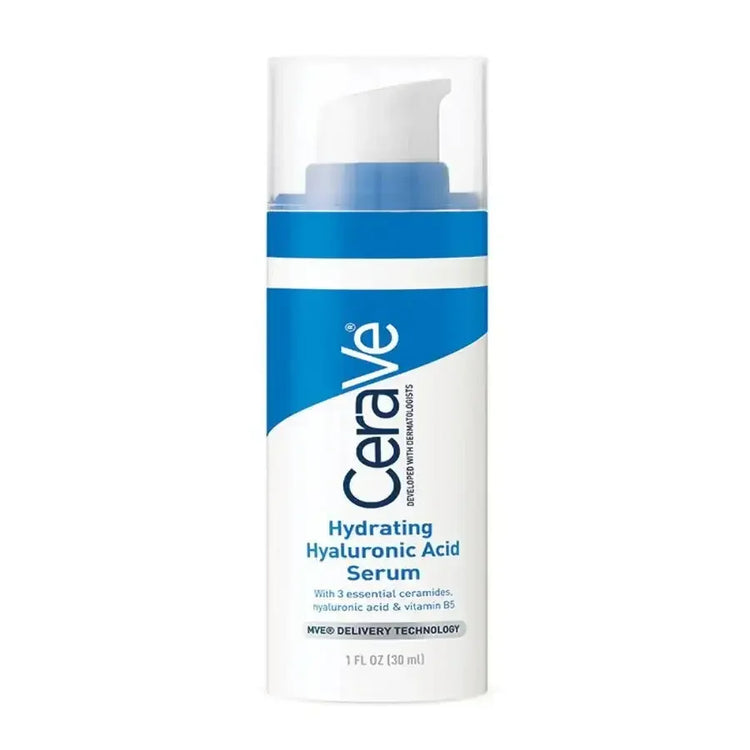 CeraVe Hydrating Hyaluronic Acid Serum bottle with blue and white packaging, 30 ml size