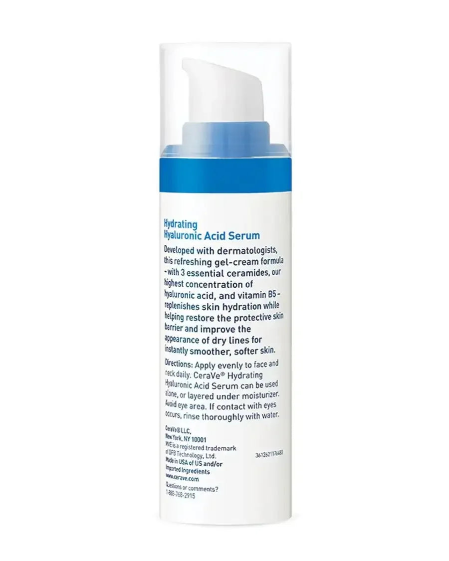Hydrating hyaluronic acid serum bottle with pump dispenser and skincare instructions