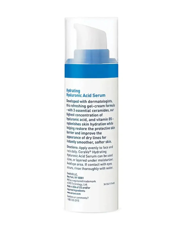 Hydrating hyaluronic acid serum bottle with pump dispenser and skincare instructions