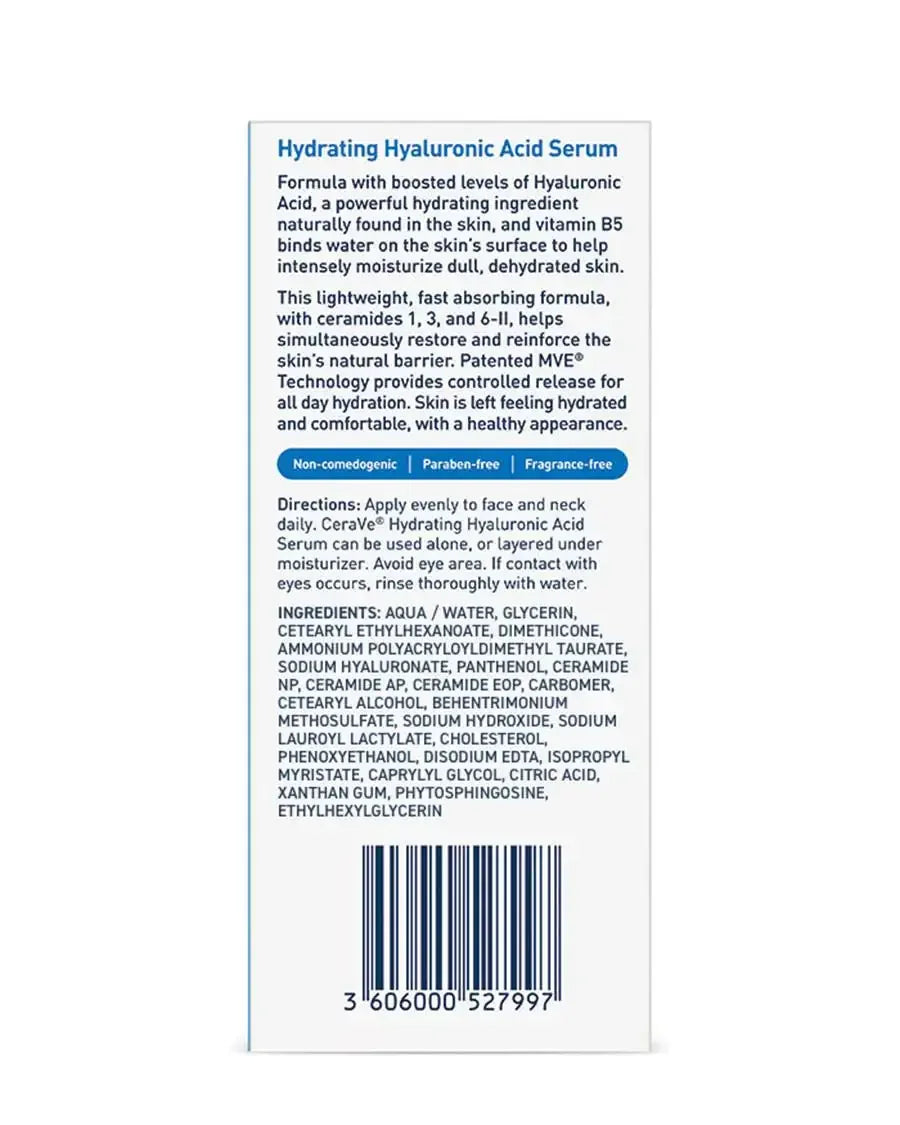 Back label of a hydrating hyaluronic acid serum with ingredients, usage directions, and barcode.