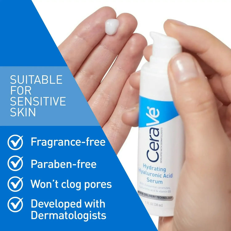 CeraVe Hydrating Hyaluronic Acid Serum for sensitive skin, fragrance-free, paraben-free