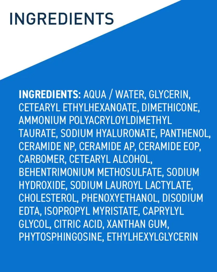 List of skincare product ingredients including ceramides, hyaluronic acid, glycerin on blue background.