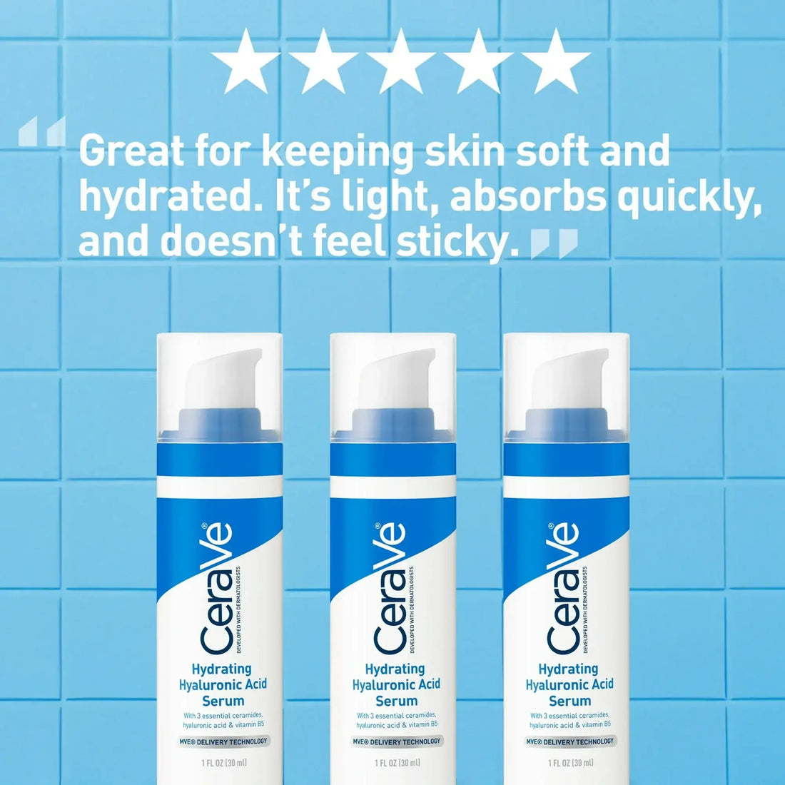 Three CeraVe Hydrating Hyaluronic Acid Serum bottles on blue tile background with review quote above.
