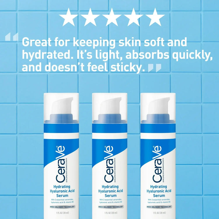 Three CeraVe Hydrating Hyaluronic Acid Serum bottles on blue tile background with review quote above.
