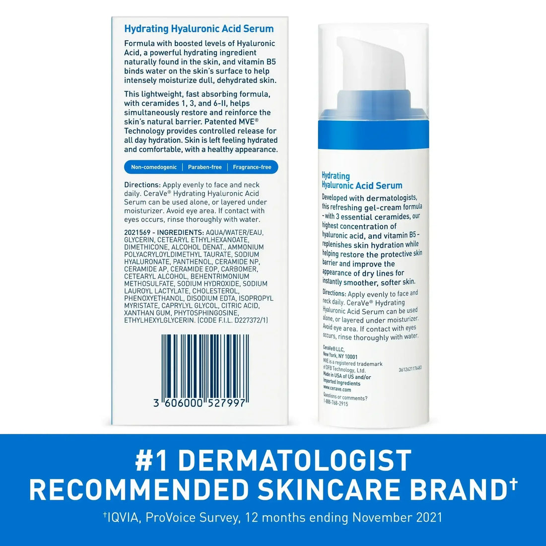CeraVe Hydrating Hyaluronic Acid Serum bottle and ingredients list, dermatologist recommended, for dry skin