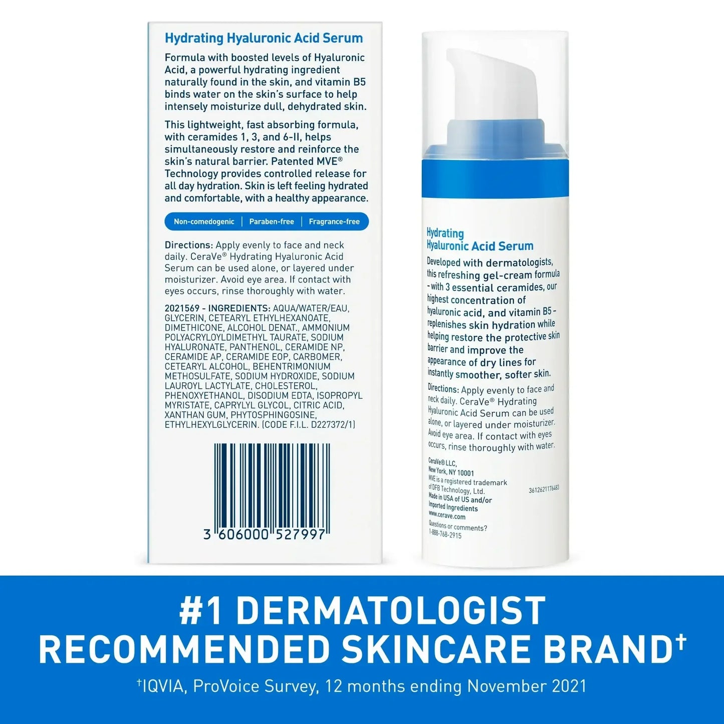CeraVe Hydrating Hyaluronic Acid Serum bottle and ingredients list, dermatologist recommended, for dry skin