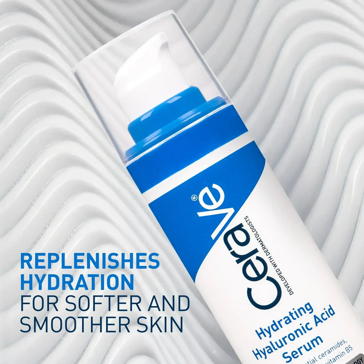 CeraVe Hydrating Hyaluronic Acid Serum bottle on textured background, hydrating skincare product