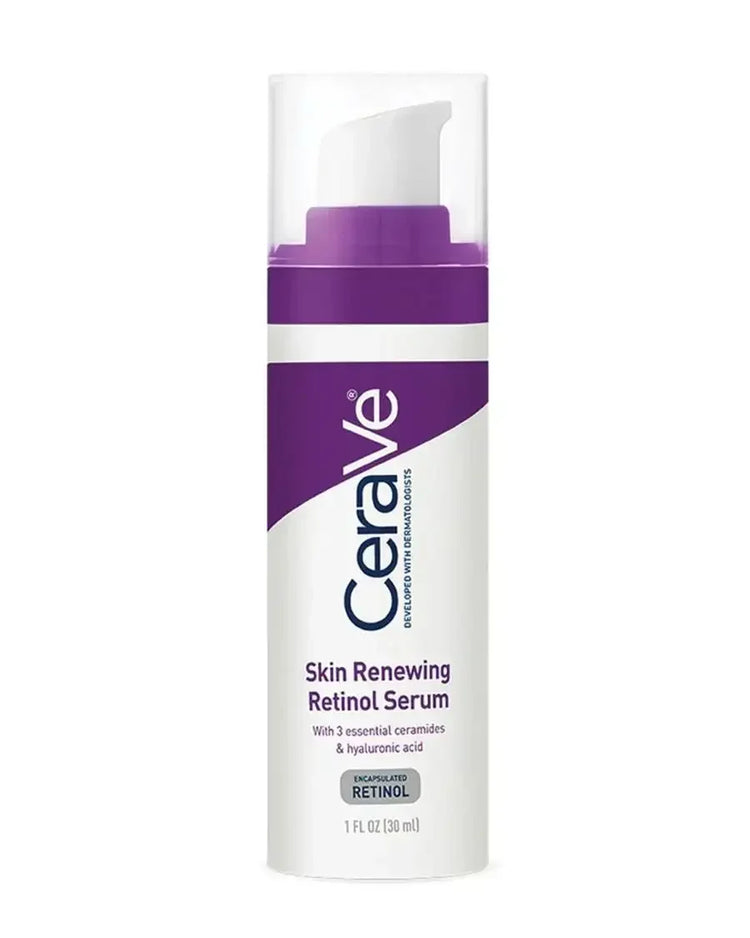 CeraVe Skin Renewing Retinol Serum bottle with purple pump and white label, 30ml skincare product