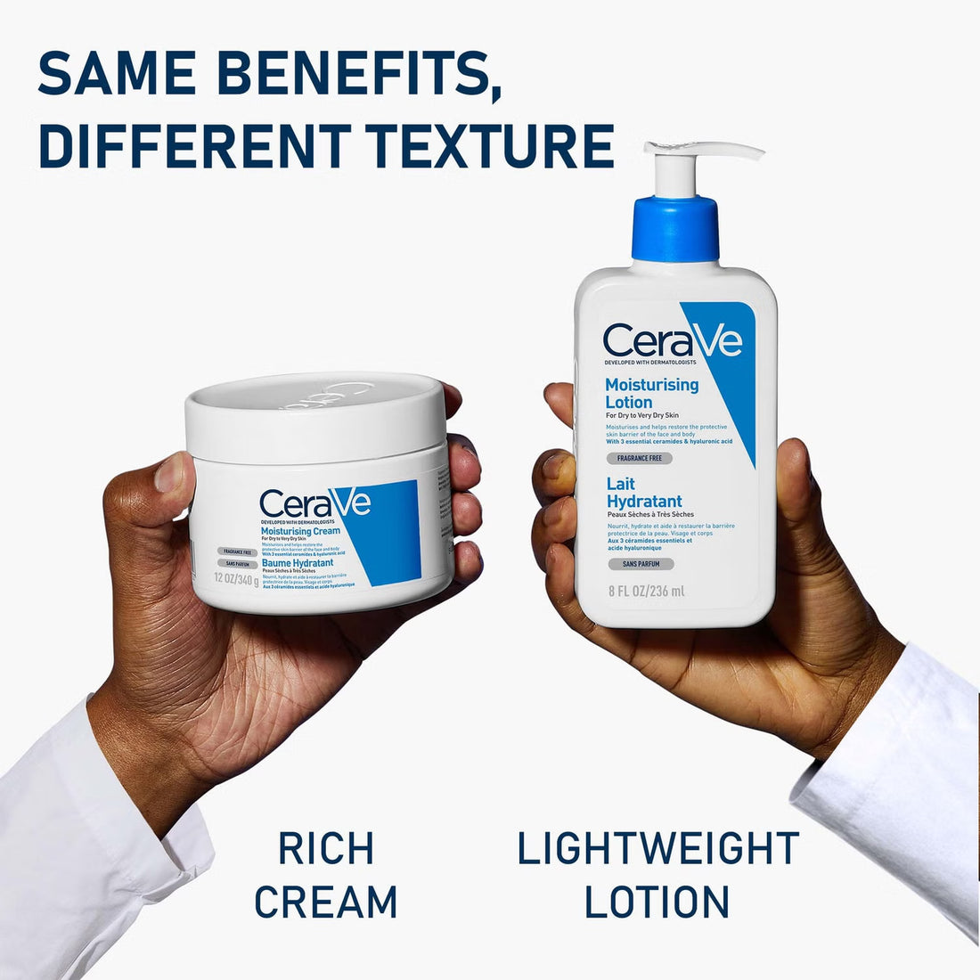 Two hands holding CeraVe moisturizing cream and lotion for dry skin comparison