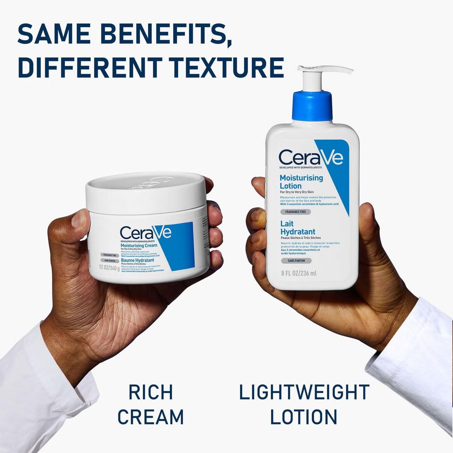 Two hands holding CeraVe moisturizing cream and lotion for dry skin comparison