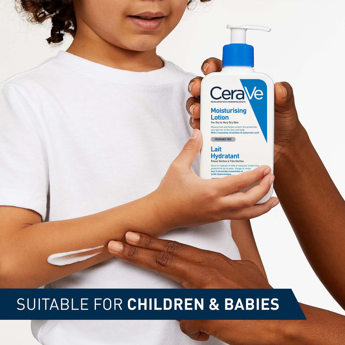 CeraVe moisturizing lotion applied to child's arm, suitable for children and babies skincare.
