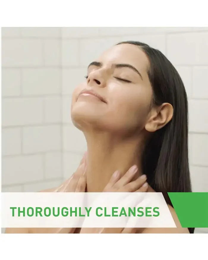 Woman gently cleansing face and neck, smooth skin, skincare routine, text: thoroughly cleanses