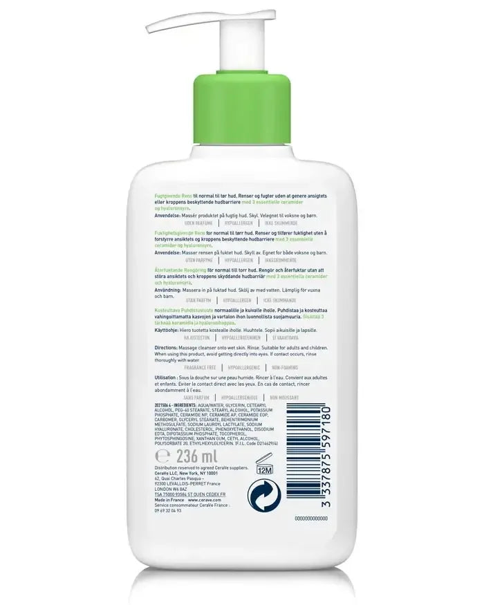 Back of a skincare cleanser bottle with green pump, usage instructions, and barcode visible