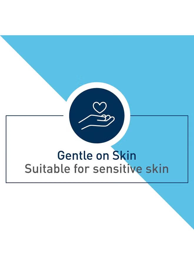 Gentle on skin, suitable for sensitive skin label with hand and heart icon on blue background