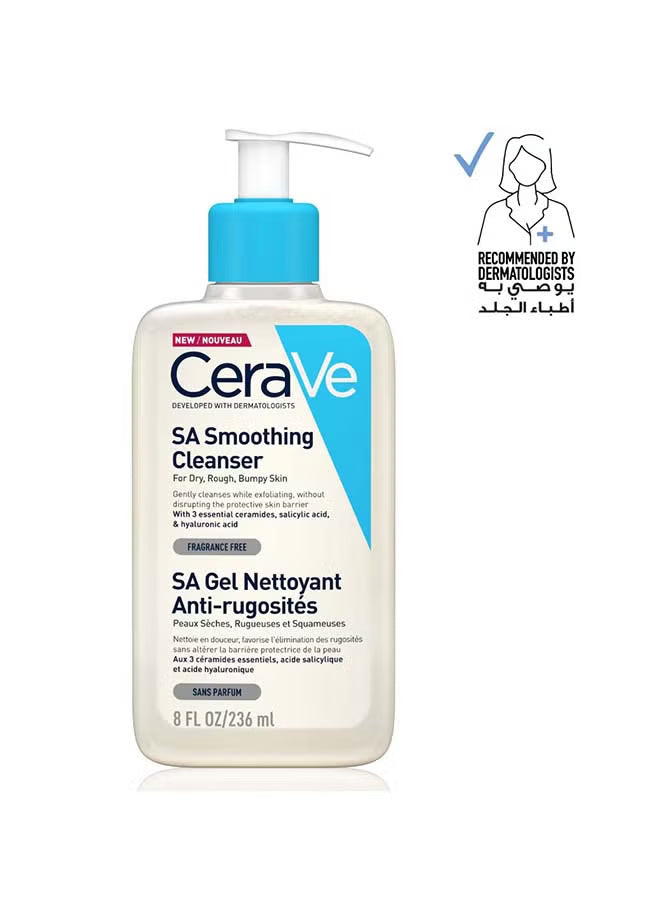 CeraVe SA Smoothing Cleanser bottle with pump, 236ml, recommended by dermatologists.